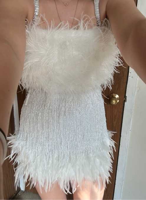 White Feather & Fringe Mini Dress