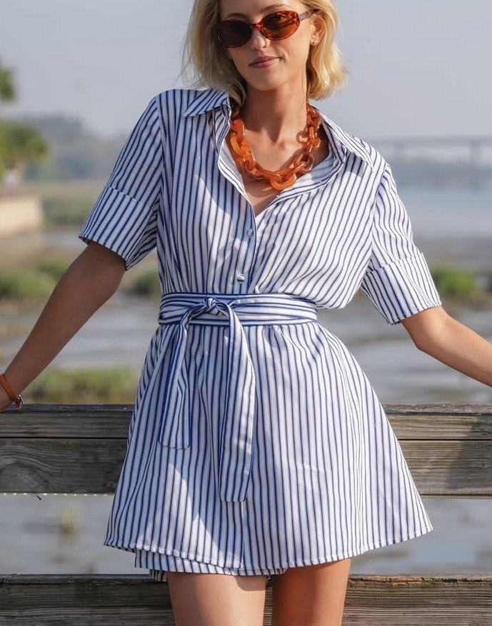 Navy stripe short set with belt