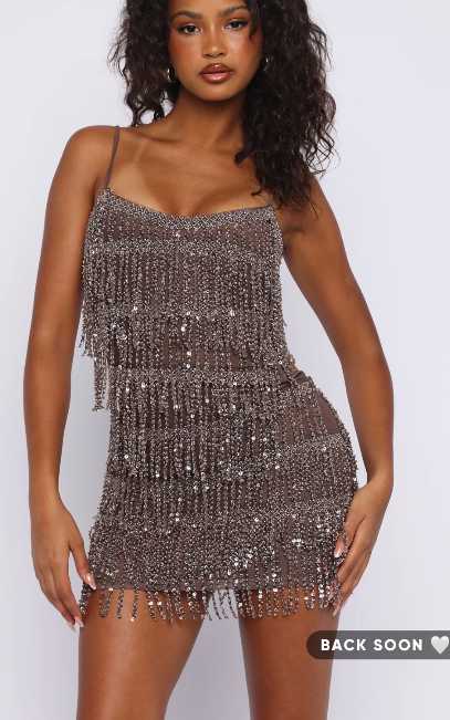 Taupe Sequin Fringe Mini Dress