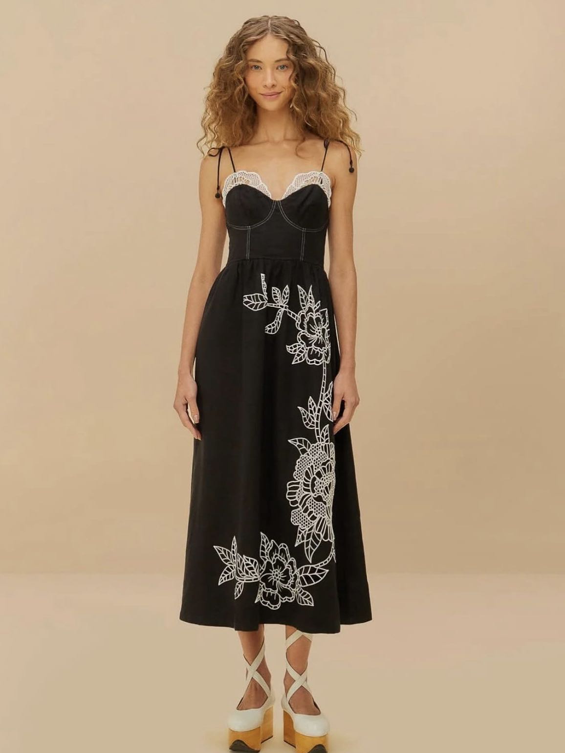 Black Midi Dress with Lace and Floral Embroidery