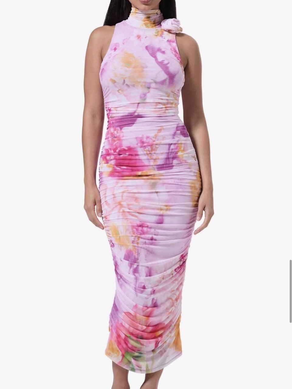 Pink Floral Ruched High-Neck Midi Dress