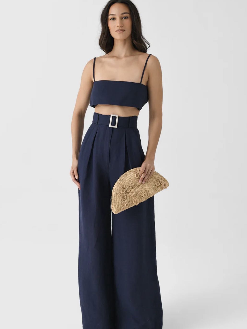 Navy Crop Top and High-Waisted Pants Set