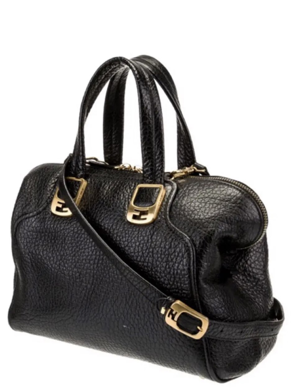 Black Pebbled Leather Satchel Handbag