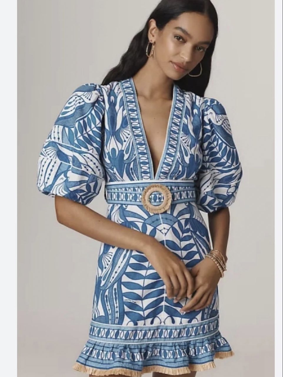 Blue and White Tropical Print Mini Dress