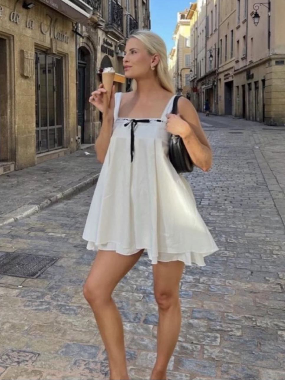 White Babydoll Dress with Black Ribbon