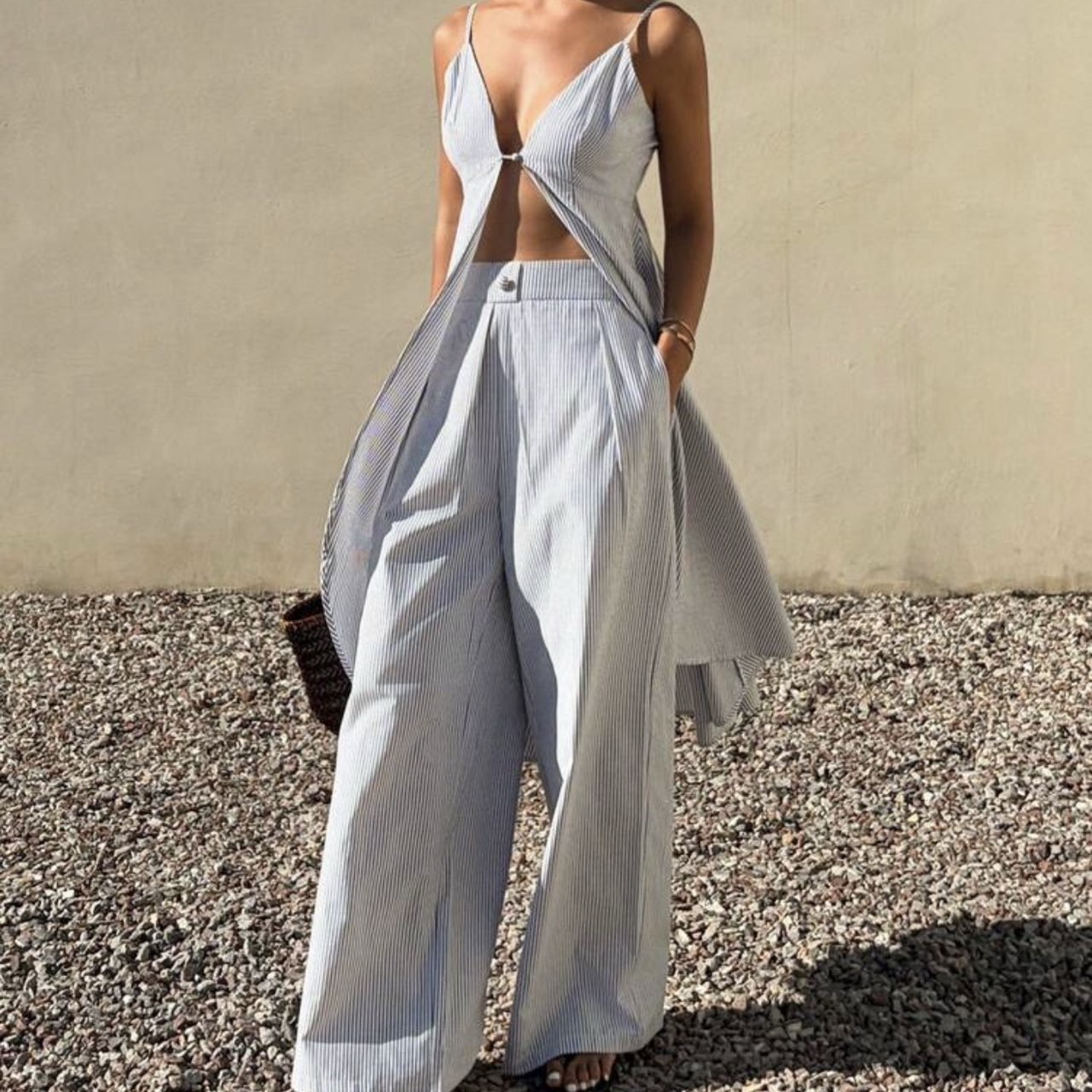 Blue/Gray and White Striped Pants Set