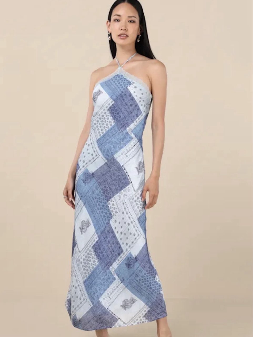 Blue Patchwork Halter Maxi Dress