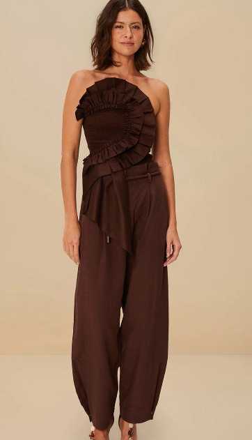 Brown Ruffled Strapless Top