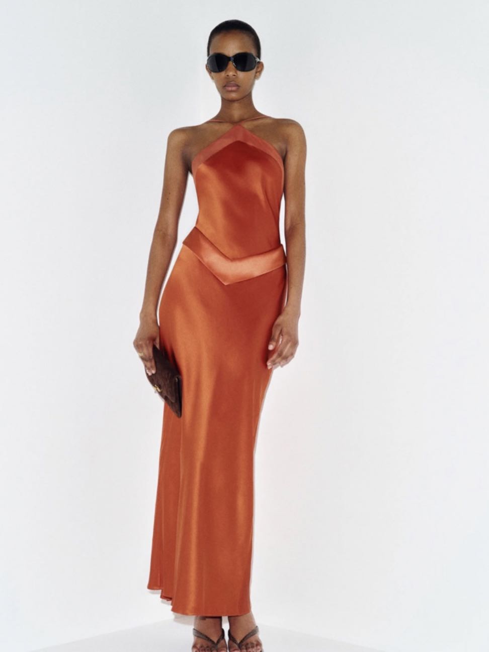 Rust Satin Halter Maxi Dress