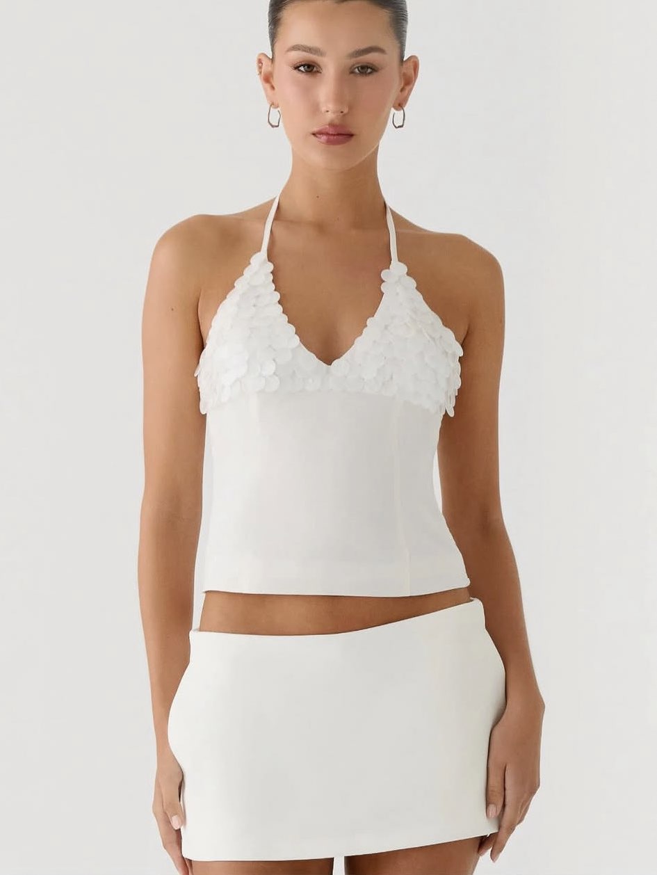 White Embellished Halter Top