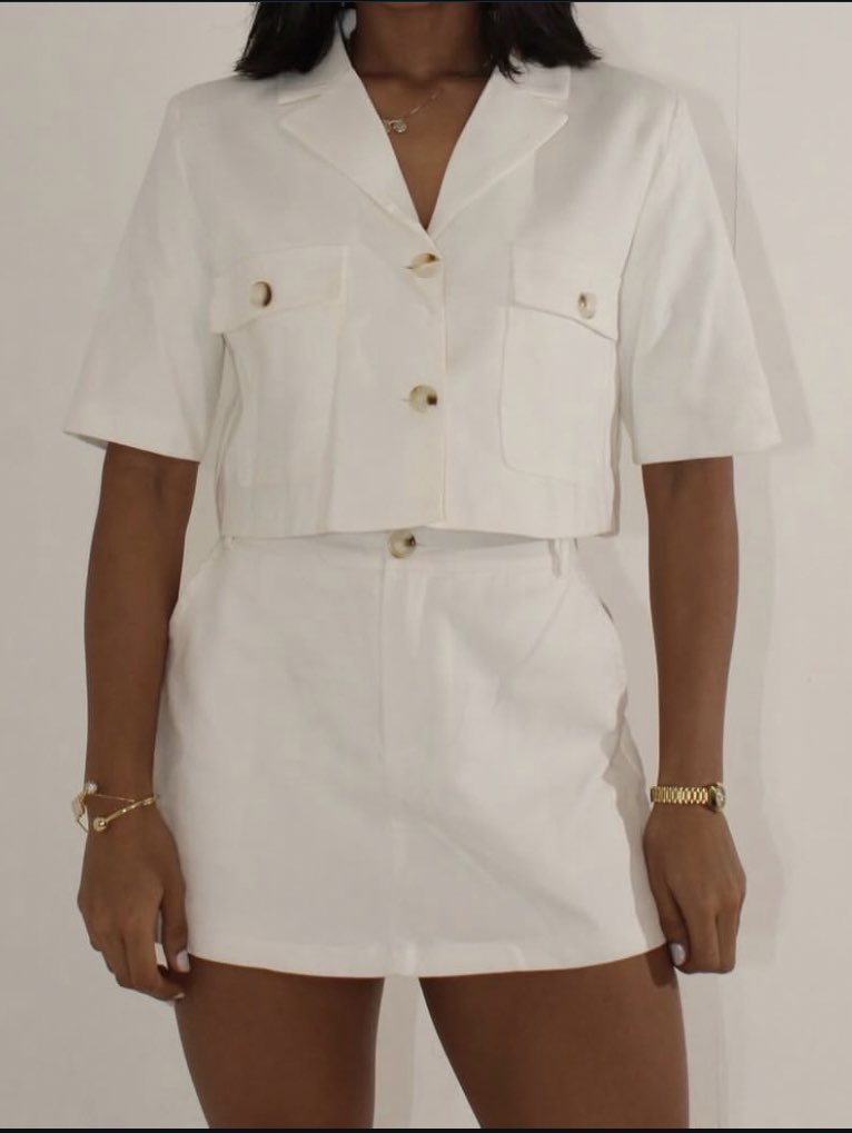 White Cropped Button-Up Shirt and Mini Skirt Set