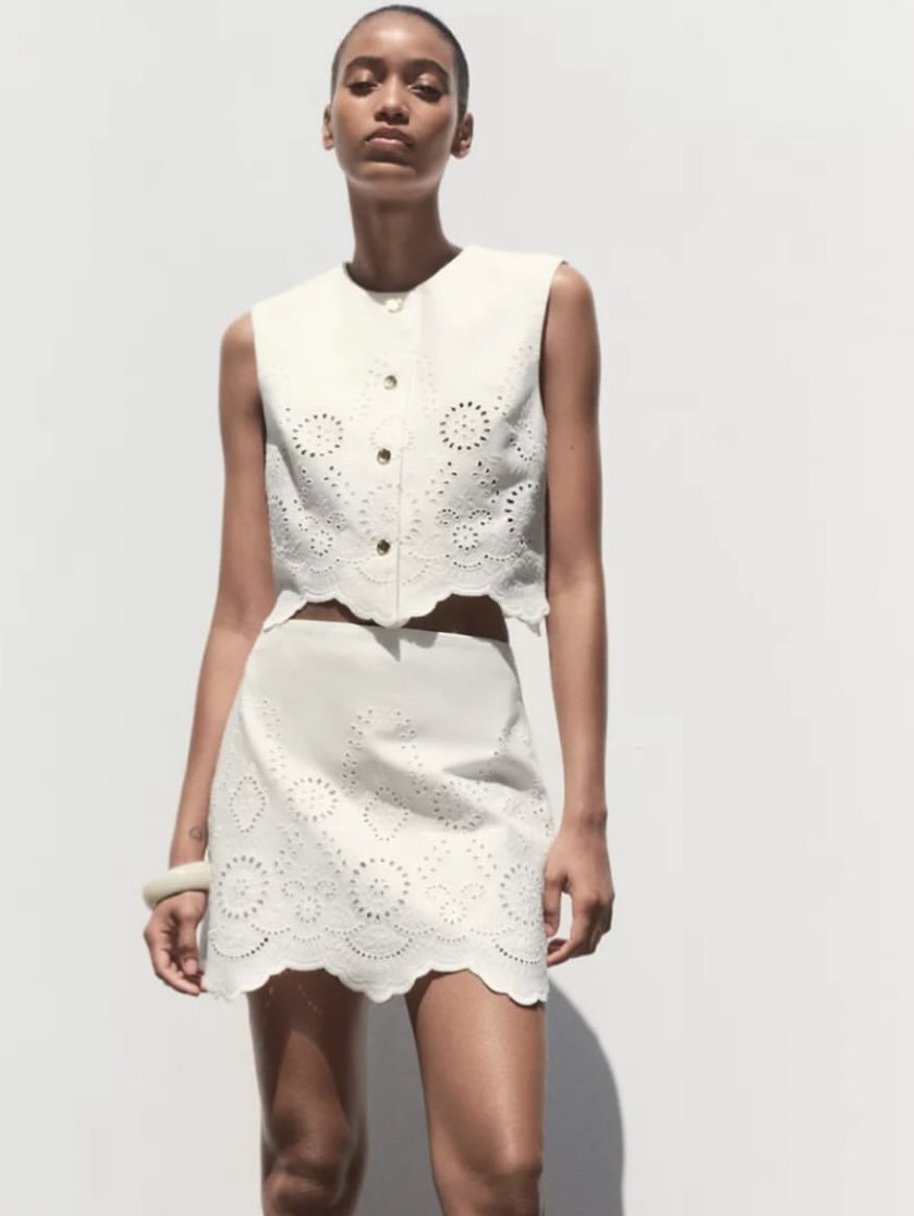 Cream Eyelet Scalloped Crop Top and Mini Skirt Set