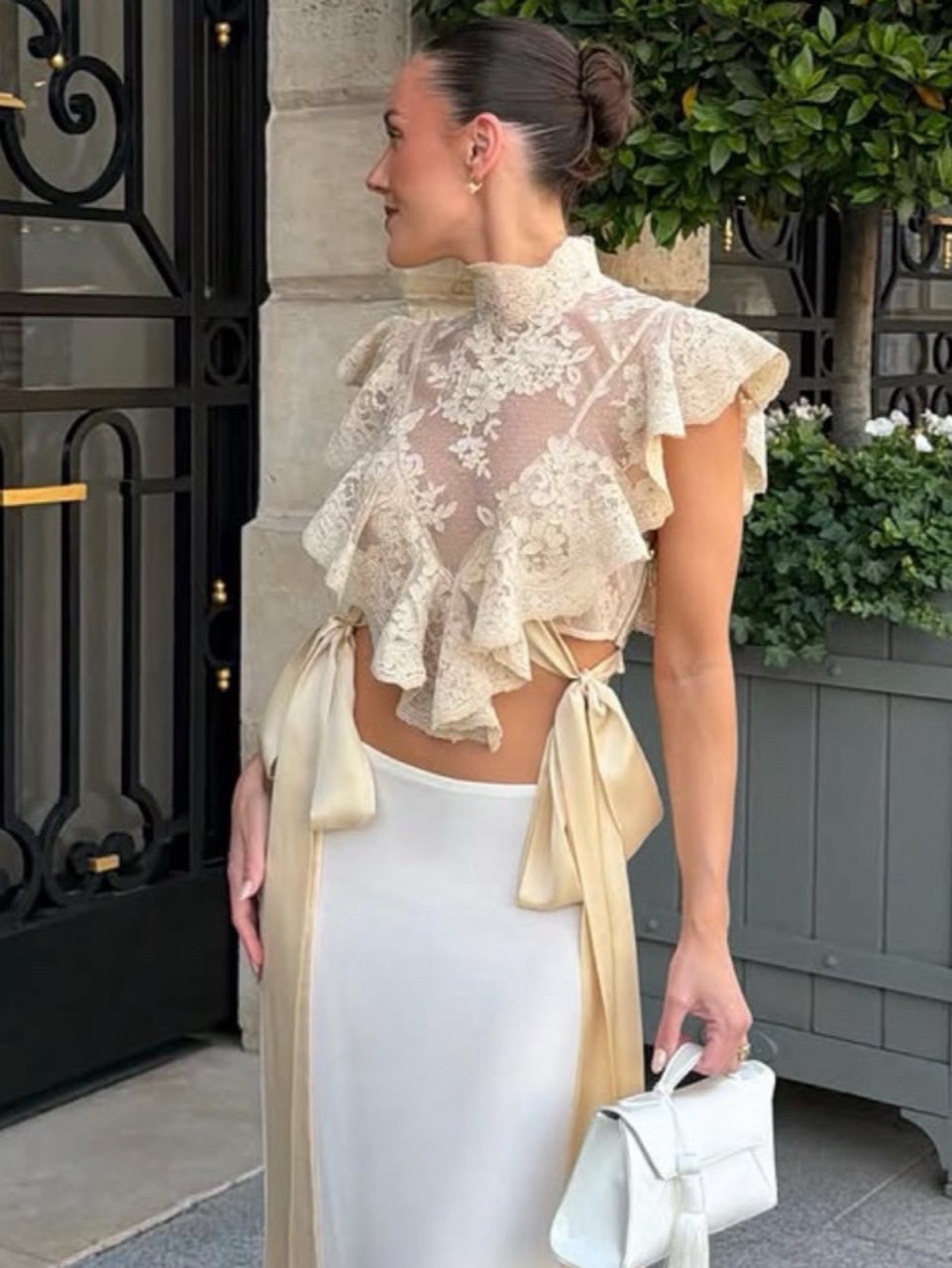 Lace Ruffled High-Neck Crop Top