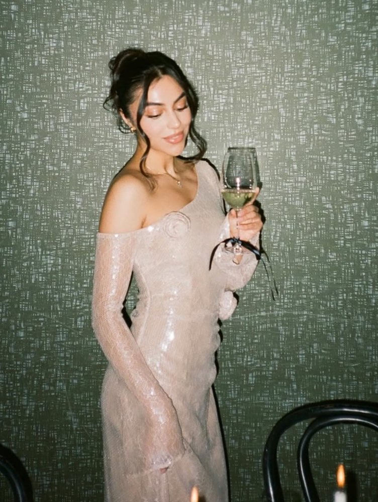 Champagne Sequin One-Shoulder Midi Dress