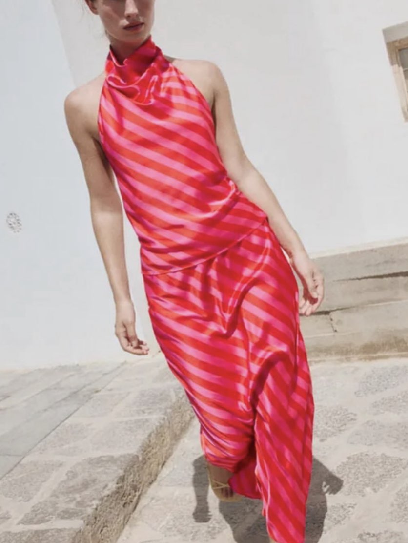 Pink & Red Striped Halter Maxi Dress