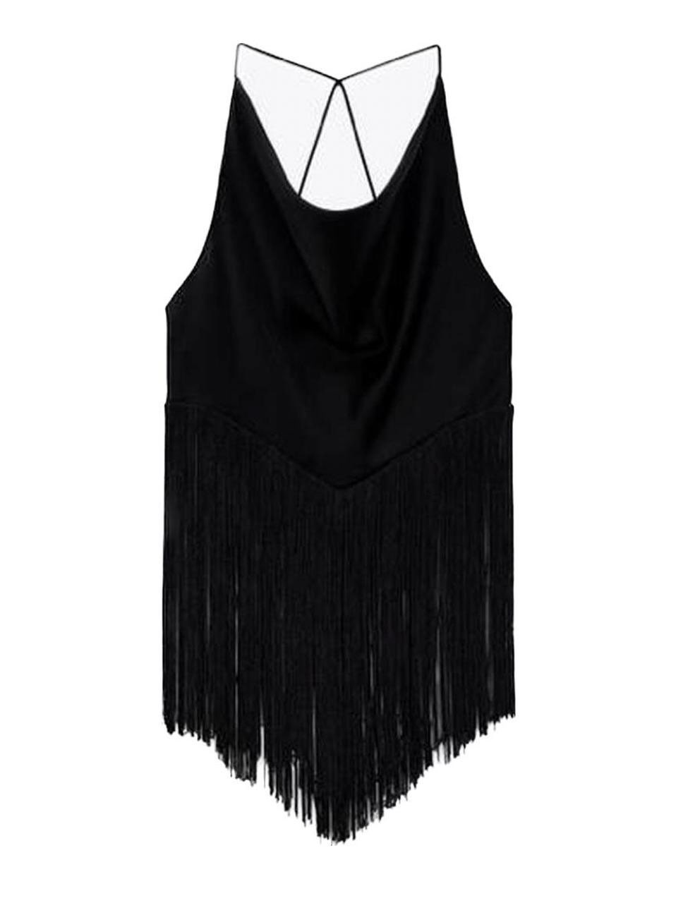 Black Fringe Cowl Neck Cami Top