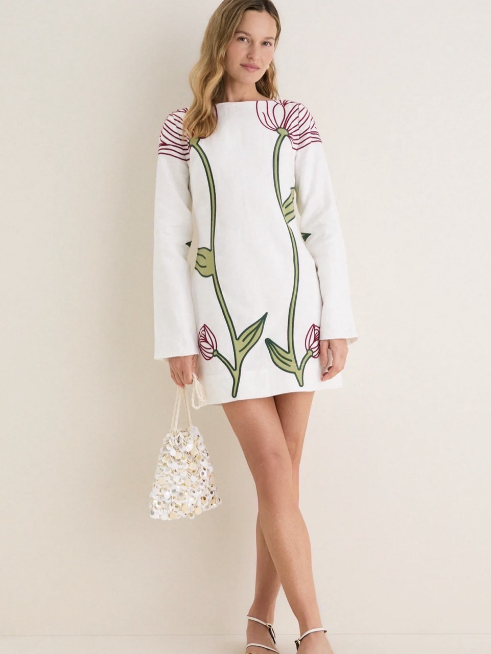 Farm Rio Off-White Flower Long Sleeve Mini Dress