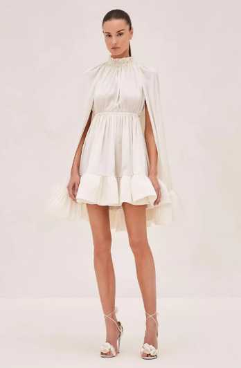 Cream High-Neck Cape Sleeve Mini Dress