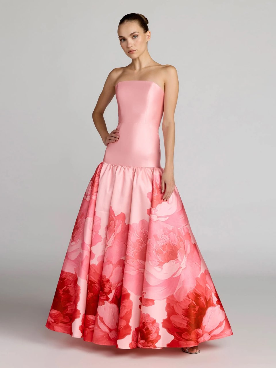 Pink Printed Mikado Strapless Drop Waist Ball Gown Mac Duggal