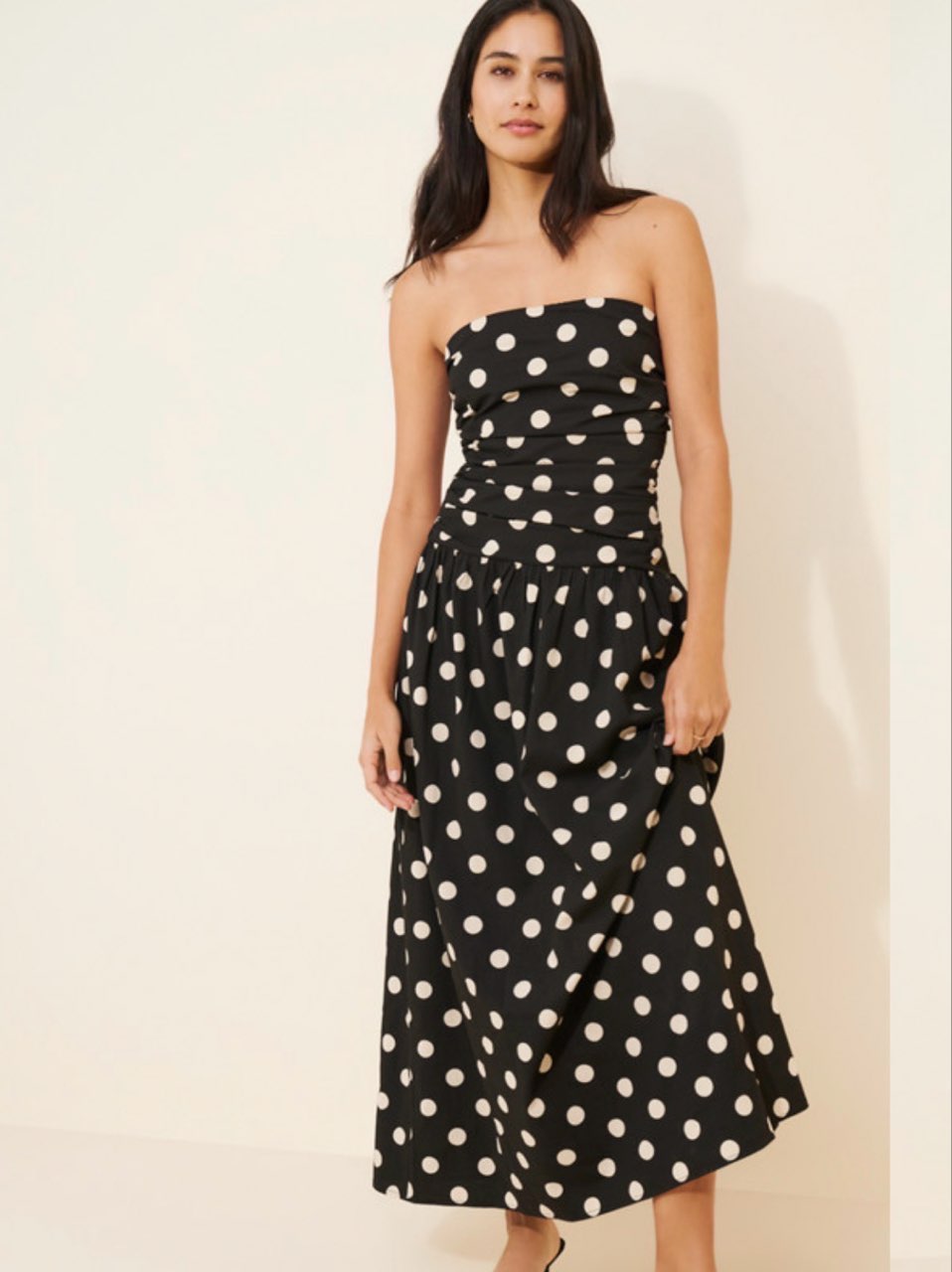Black Polka Dot Strapless Midi Dress
