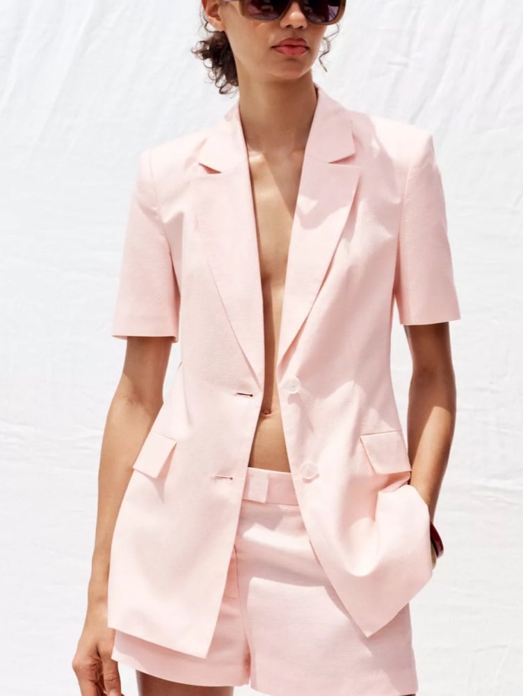 Pink Short-Sleeve Blazer and Shorts Set
