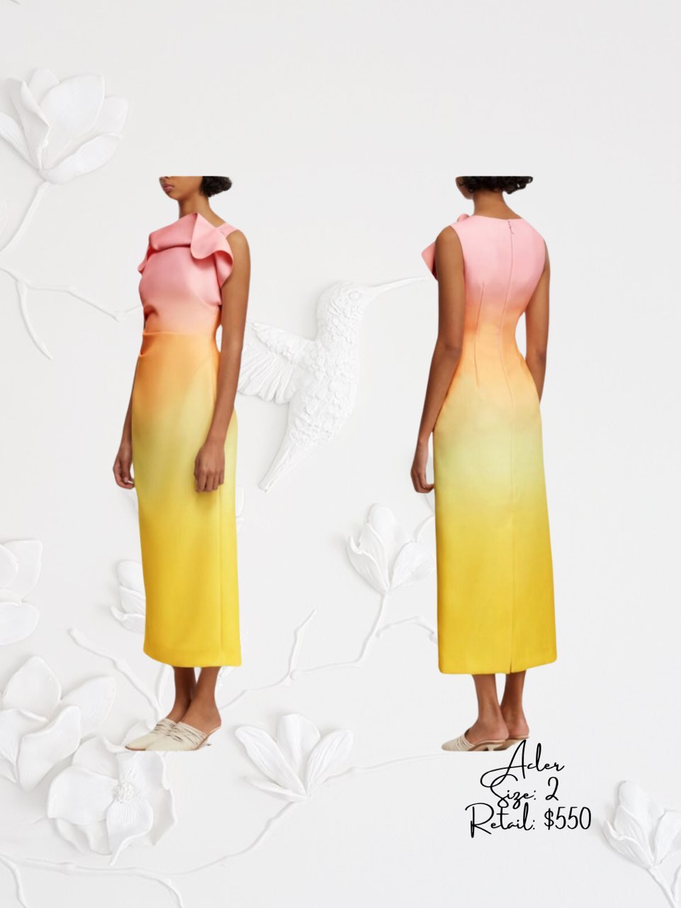 Pink and Yellow Ombre Ruffle Neck Midi Dress