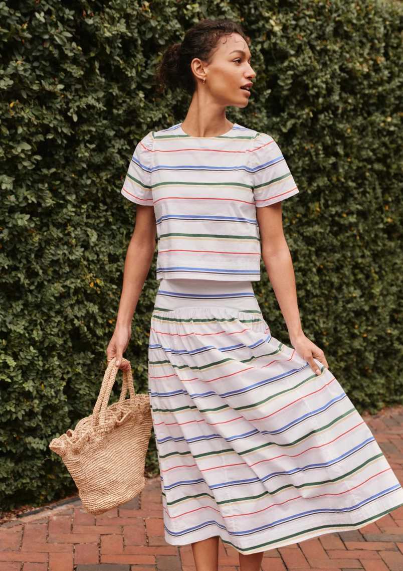 Striped Crop Top and Midi Skirt Set