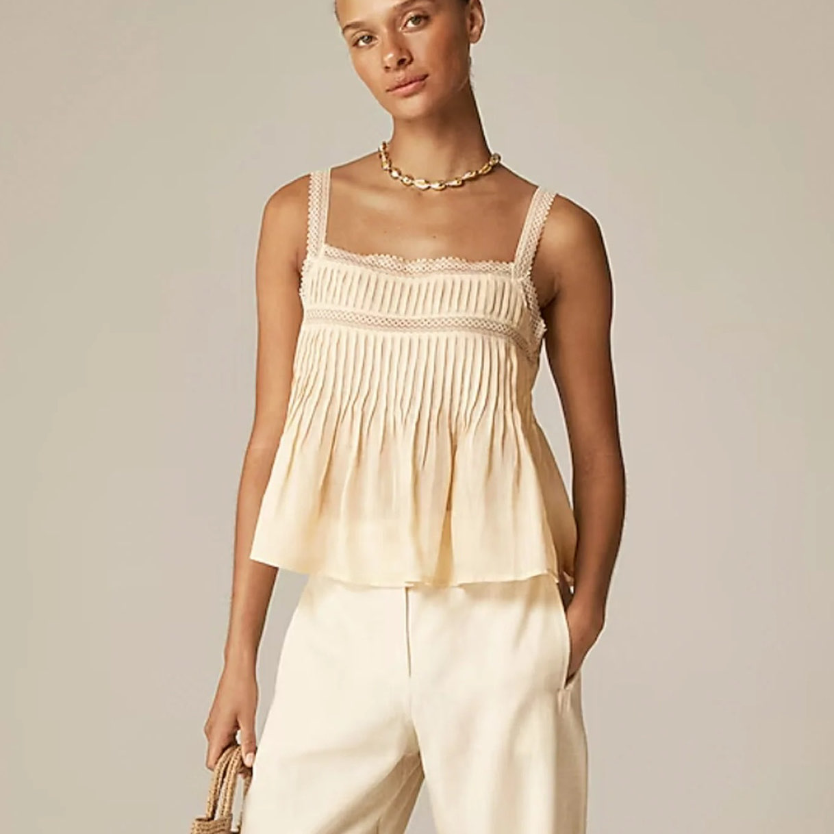 J. Crew Cream Pleated Lace Trim Cami Top