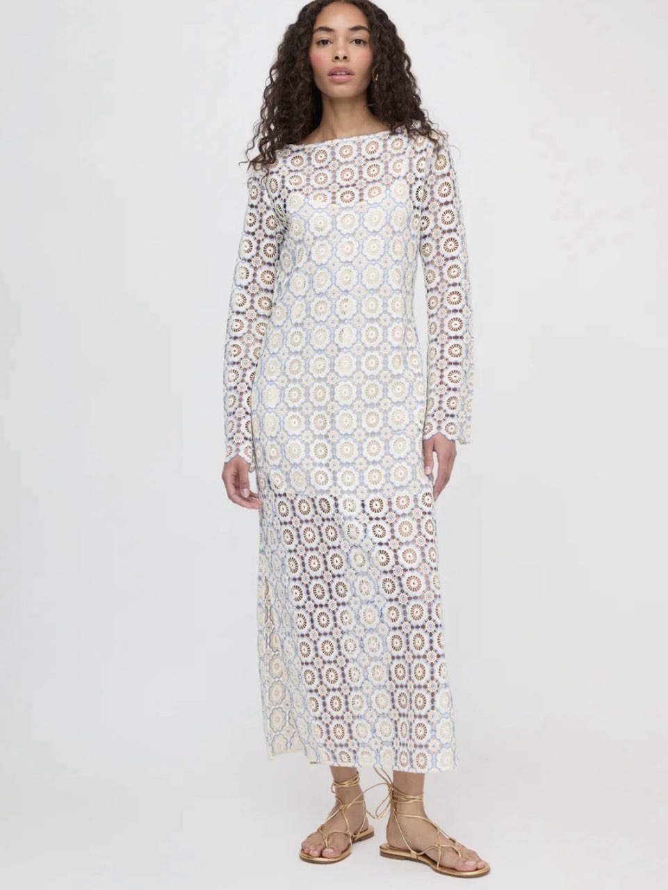 Hill House Home Eliza Dress Cream and Blue Crochet Midi Dress