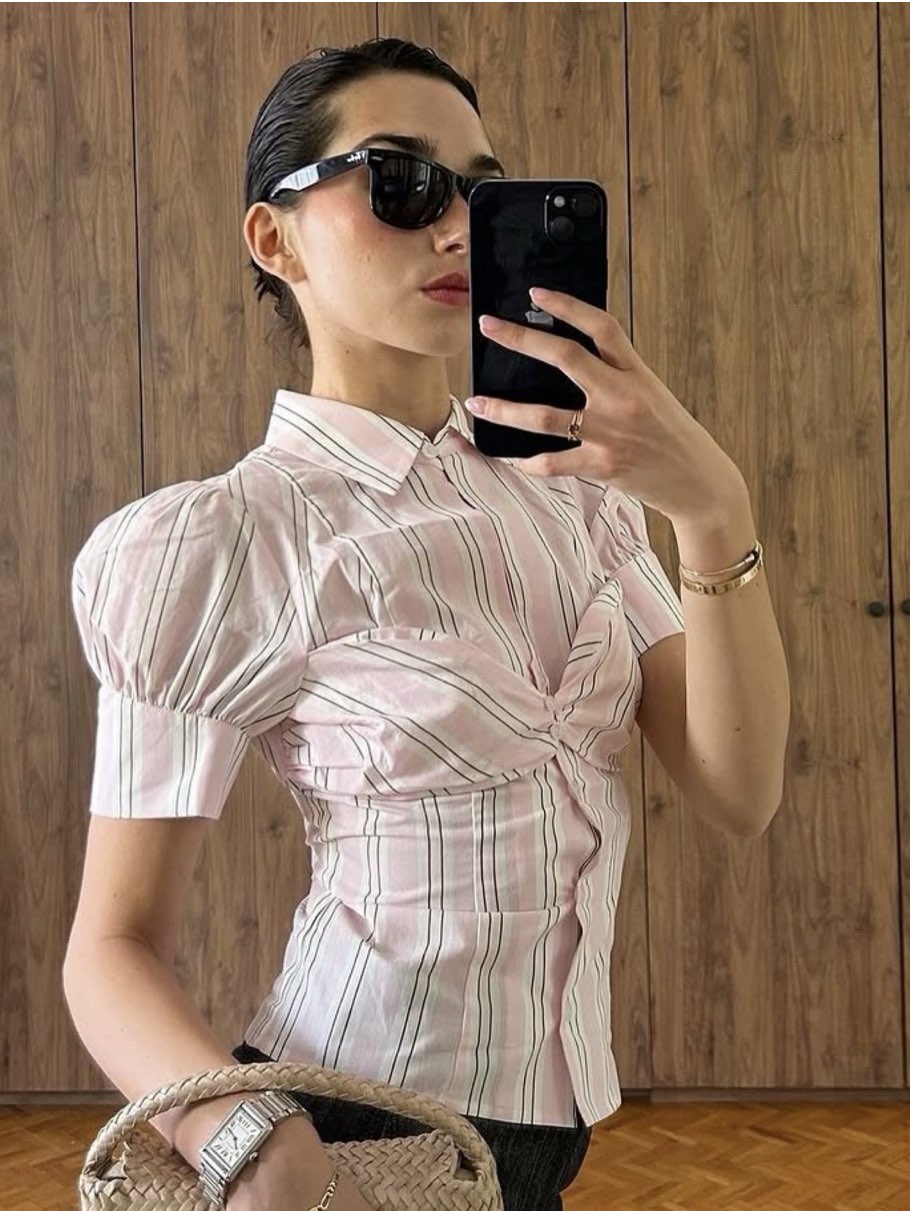 Pink Striped Corset-Style Puff Sleeve Top