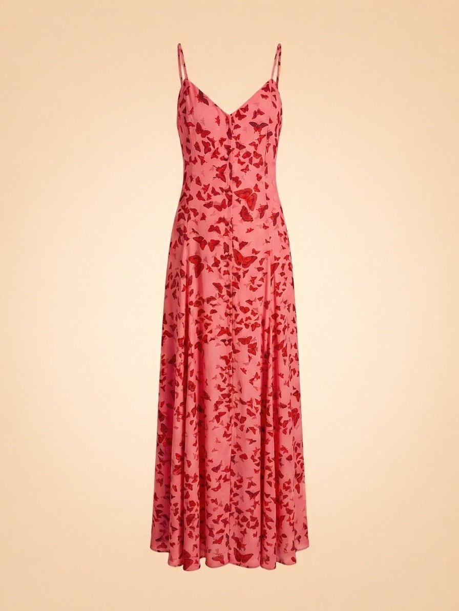 Pink Butterfly Print Midi Dress