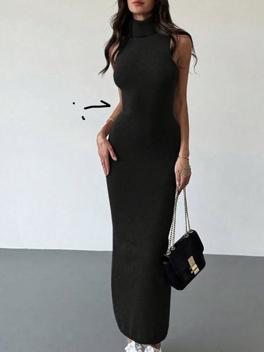 Black Sleeveless Turtleneck Bodycon Midi Dress