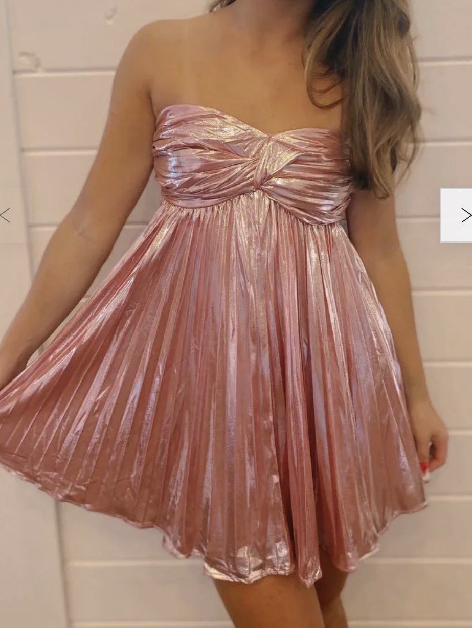 Metallic Rose Gold Pleated Strapless Mini Dress