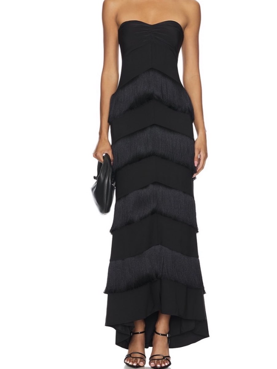 Black Strapless Fringe Maxi Dress