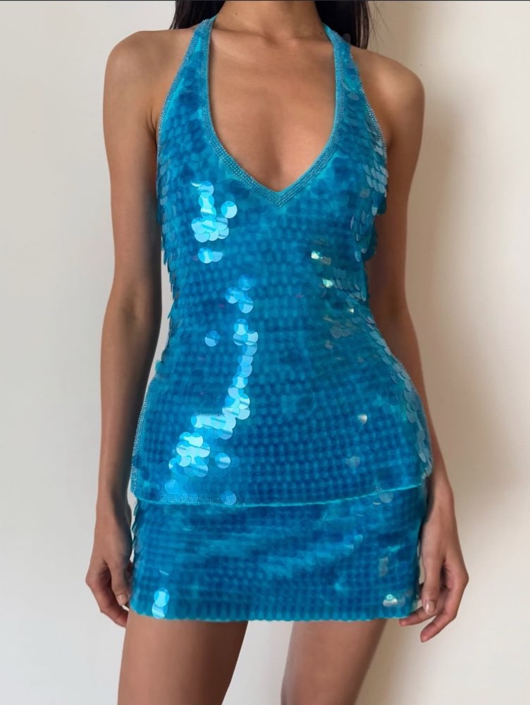 Turquoise Sequin Halter Mini Dress