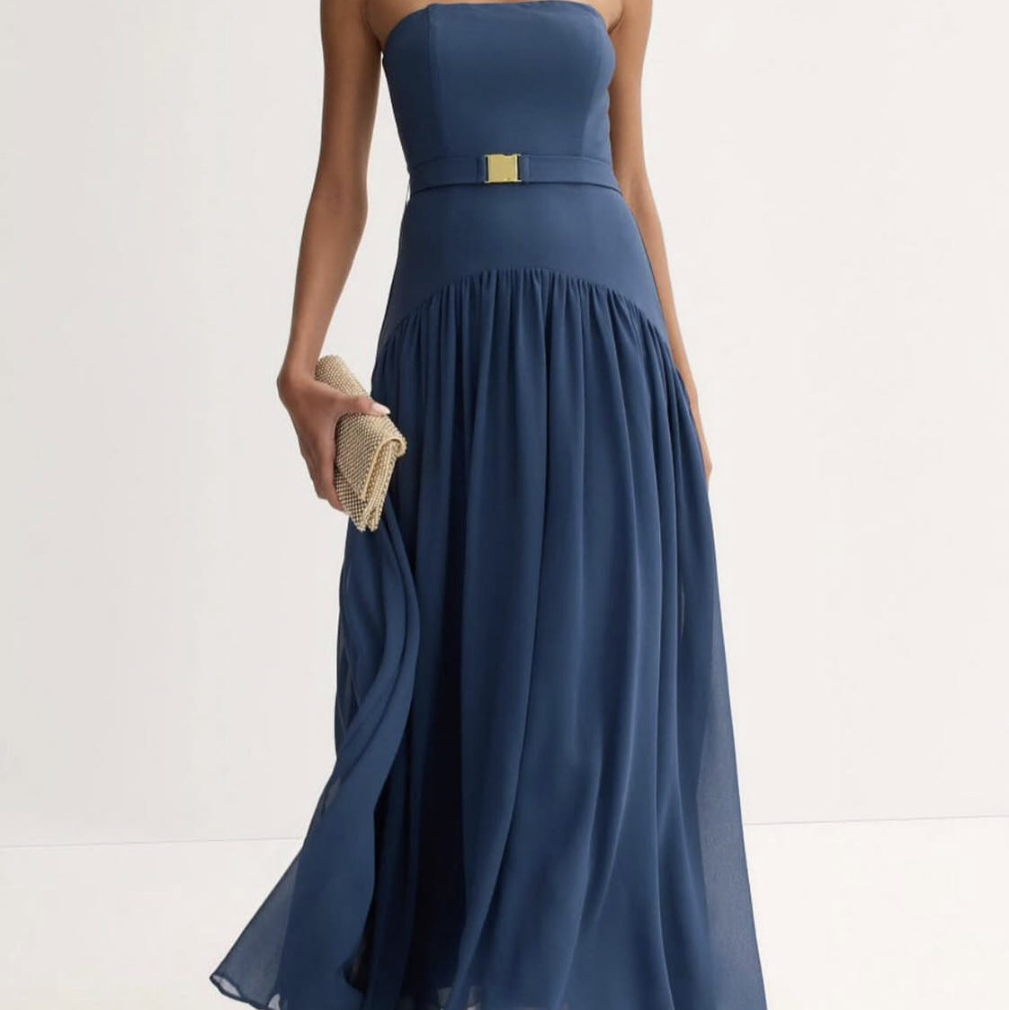 Hutch Dusty Blue Strapless Pleated Maxi Dress