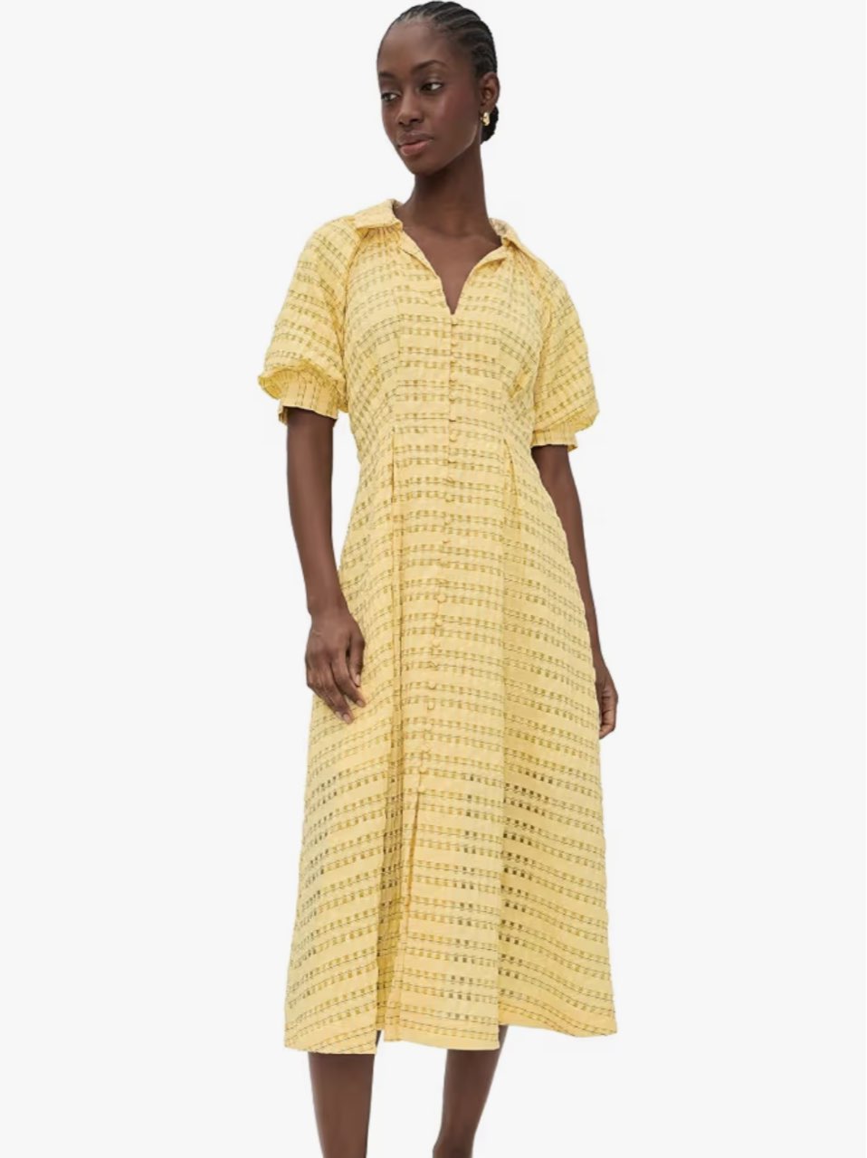 Yellow Textured Collared Midi Dress