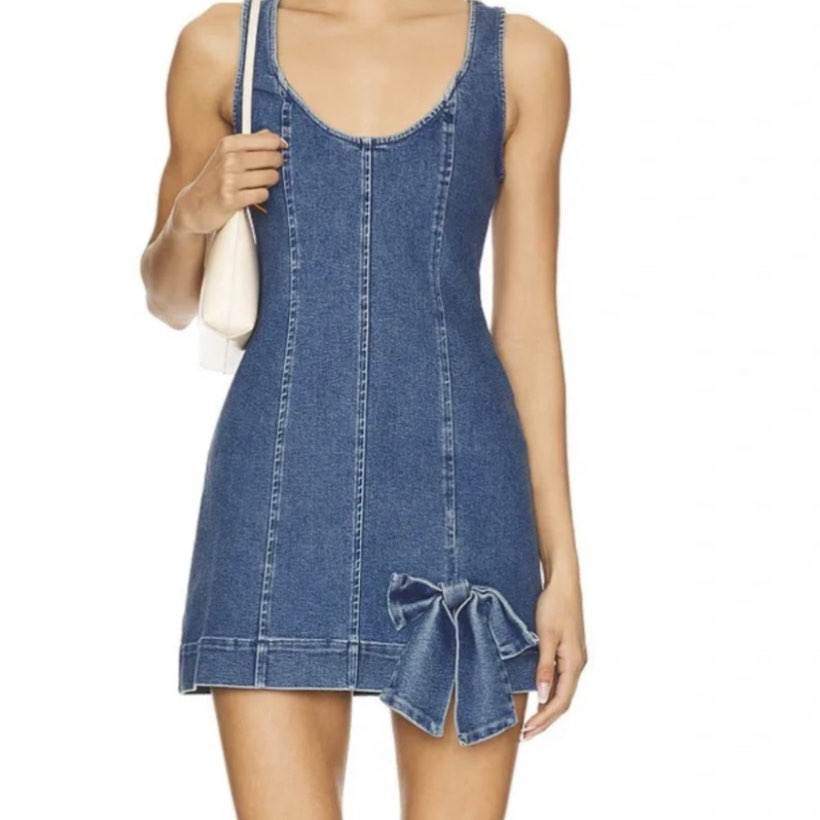 Show Me Your Mumu Denim Mini Dress with Bow Detail