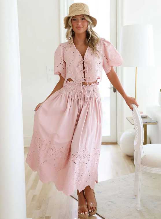 Pink Eyelet Crop Top & Maxi Skirt Set