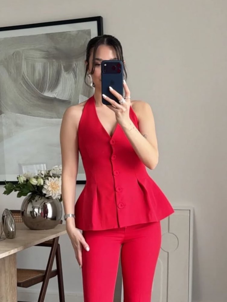 Red Halter Vest and Tailored Pants Set