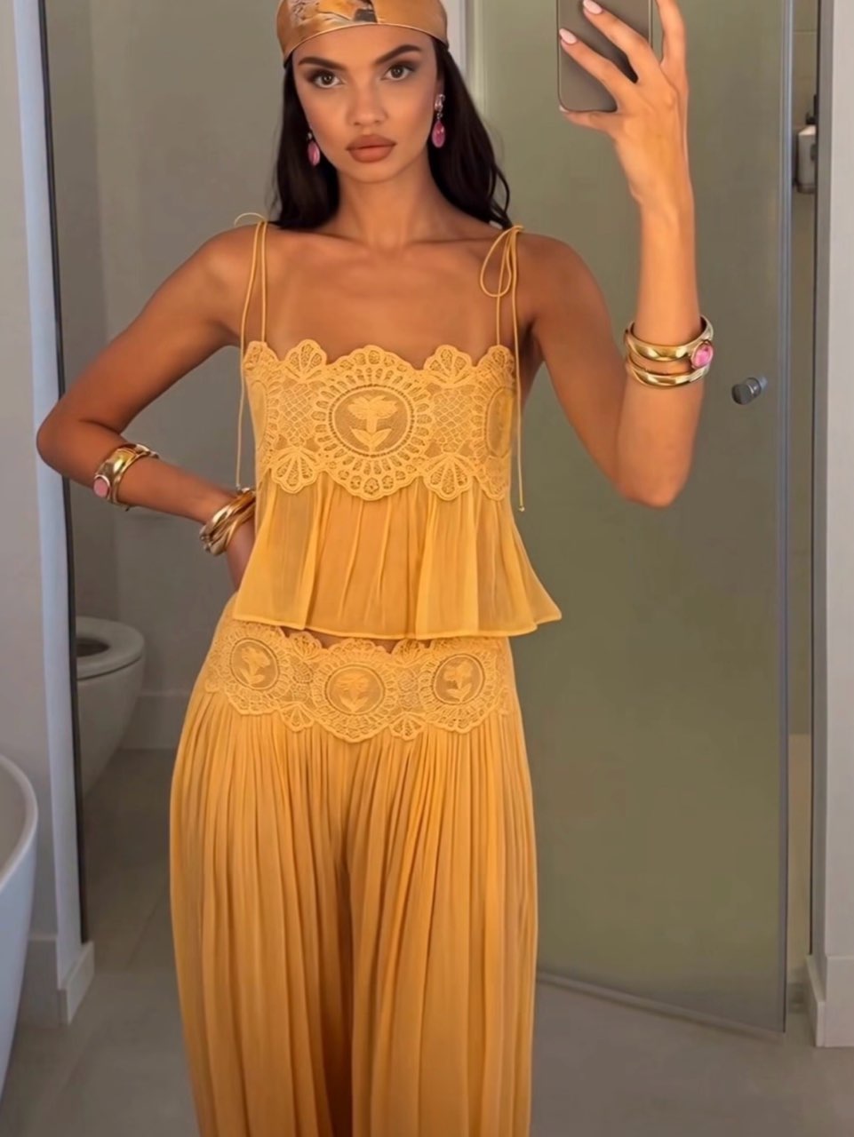 Mustard Lace & Pleated Two-Piece Set