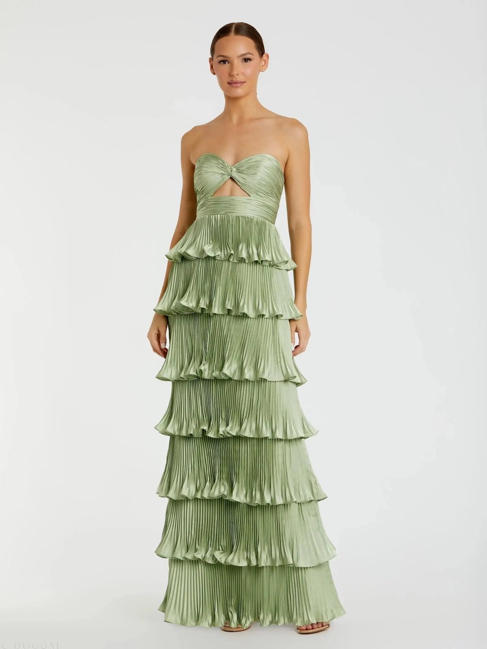 Mac Duggal Pleated Charmeuse Strapless Tiered Ruffle Gown