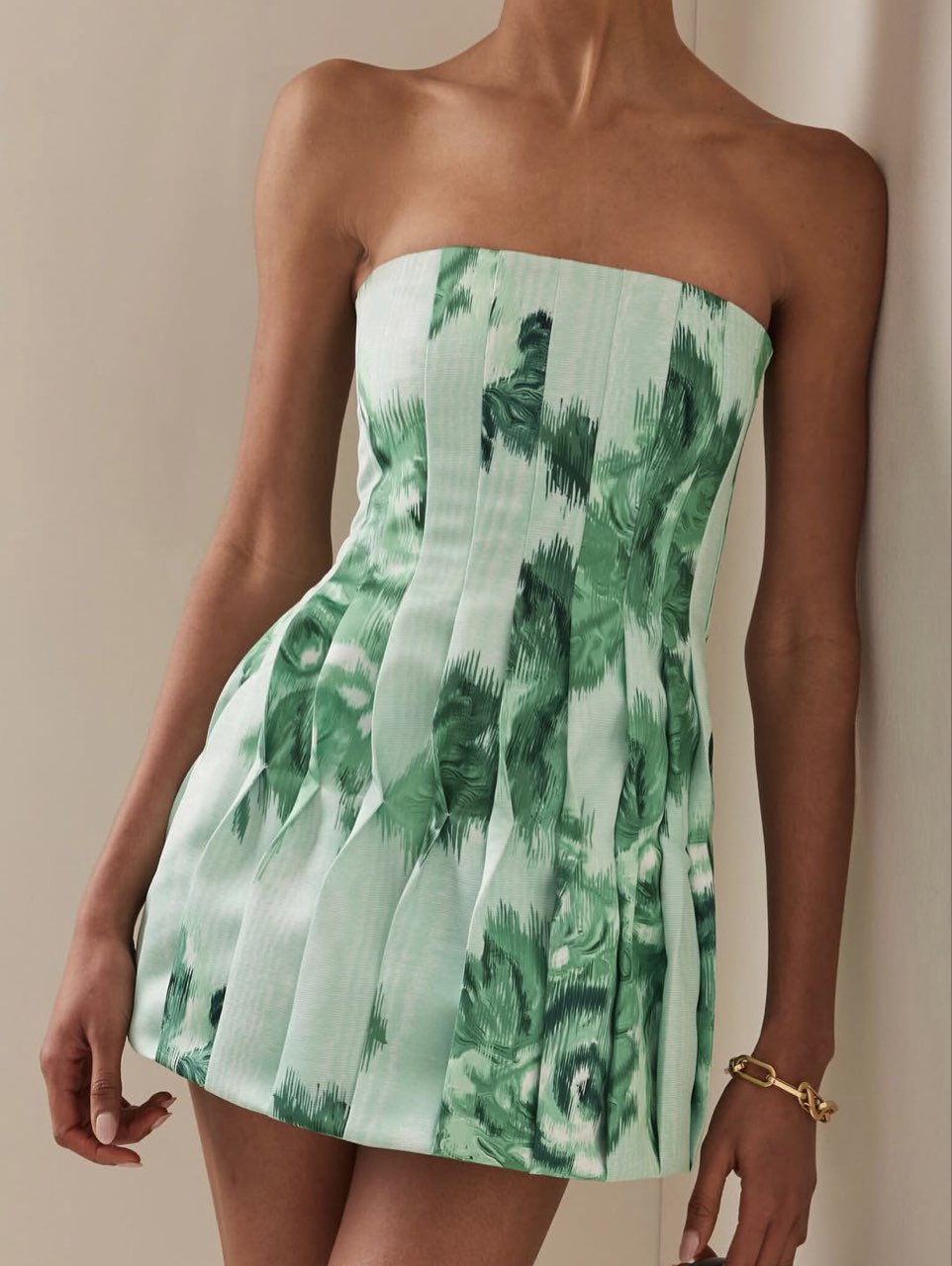 Green Abstract Pleated Strapless Mini Dress
