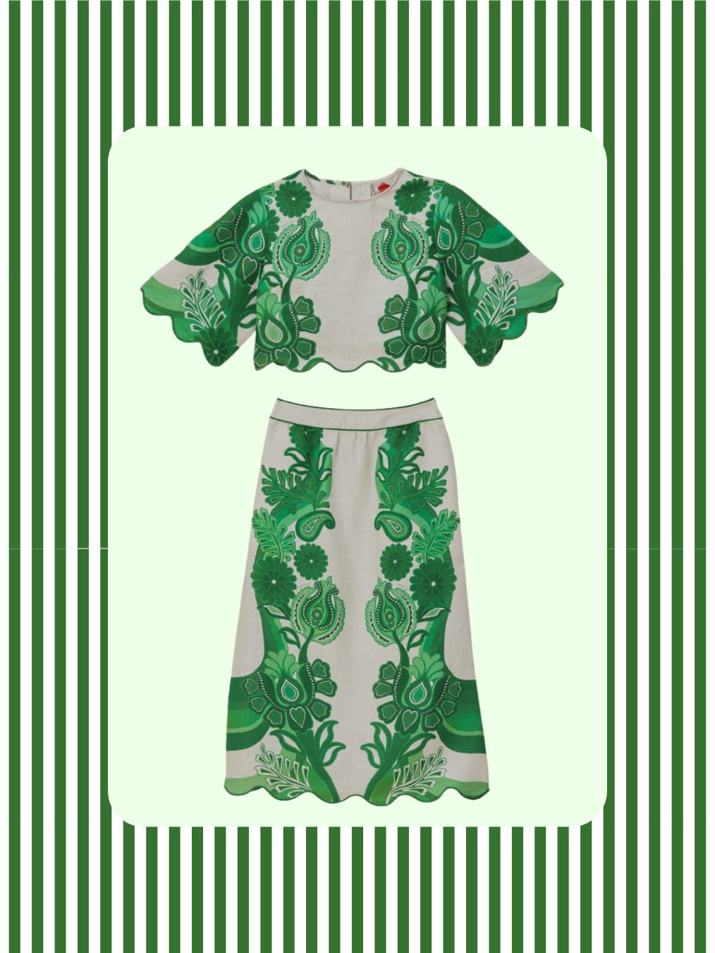 Green Embroidered Crop Top and Midi Skirt Set