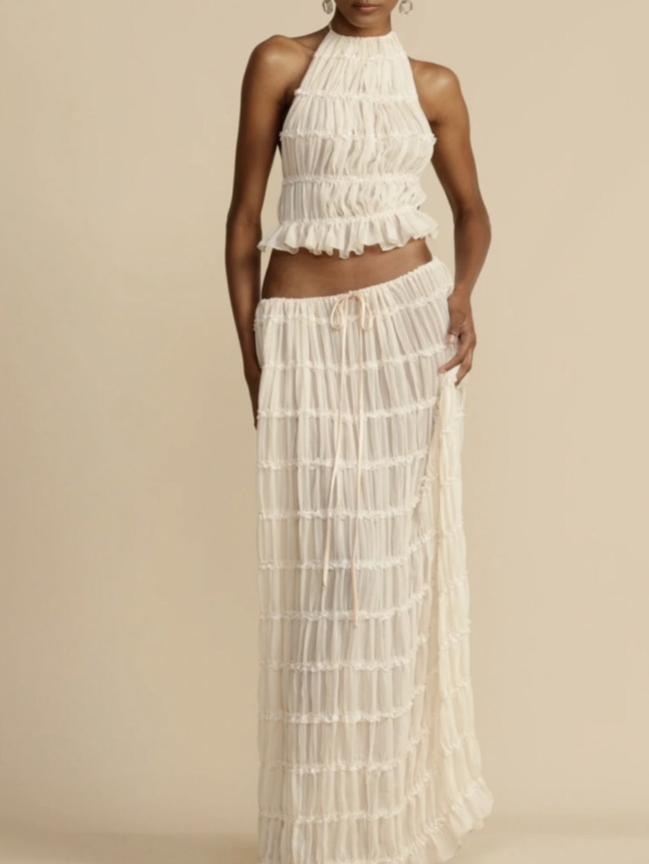 Ivory Sheer Halter Top & Maxi Skirt Set