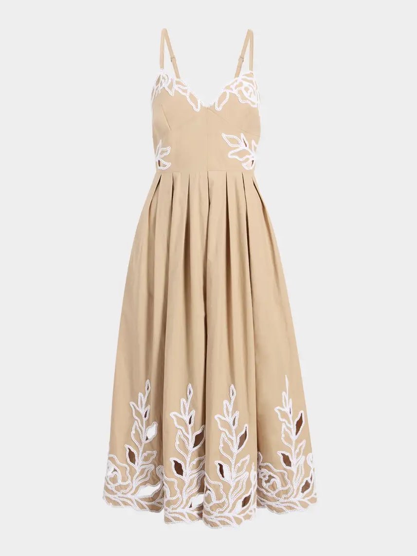 Beige Leaf Embroidered Midi Dress