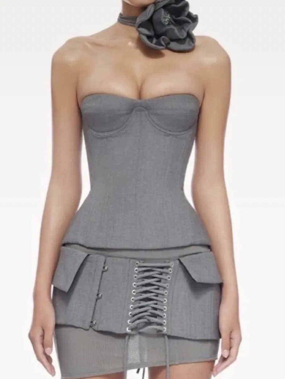 Grey Lace-Up Mini Skirt