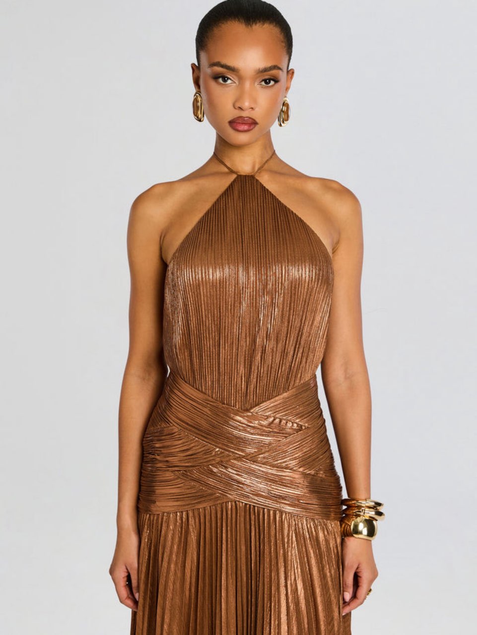 Bronze Metallic Pleated Halter Gown