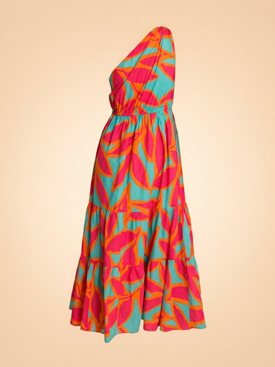 Tropical Print One-Shoulder Tiered Maxi Dress