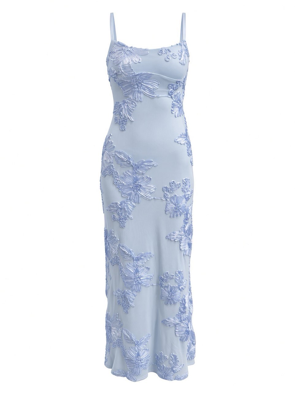 Light Blue Floral Appliqué Maxi Slip Dress